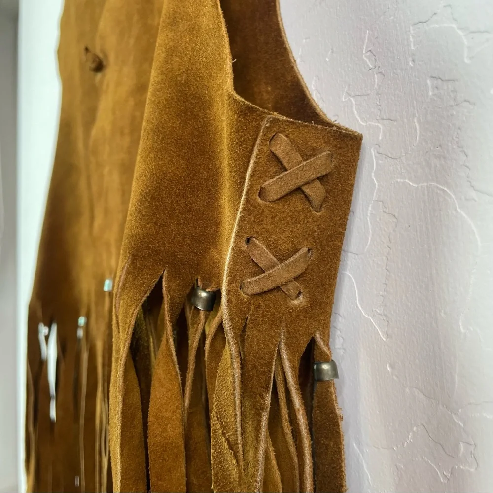 Vintage Suede Handmade Cow Hide Beaded Fringe Tassel Boho Vest / Indian Jacket